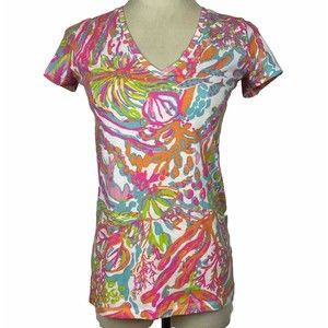 Lilly Pulitzer Vibrant Fish & Coral Design Stretchy V‎ Neck Shirt Size XS